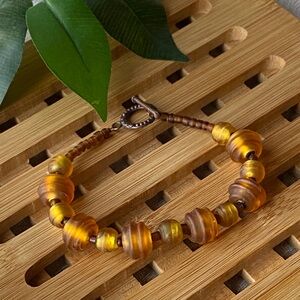Handmade Amber Glass Bead Bracelet With Copper Accents & Toggle Clasp